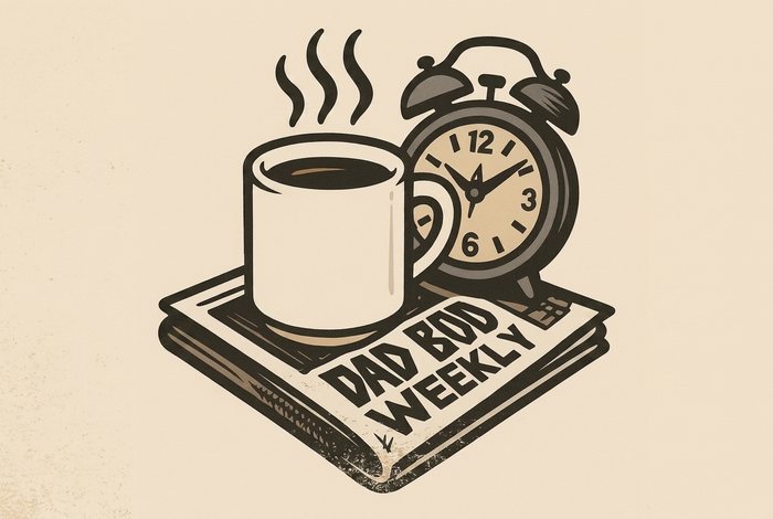 Dad Bod Weekly logo: a coffee mug and alarm clock on a newspaper